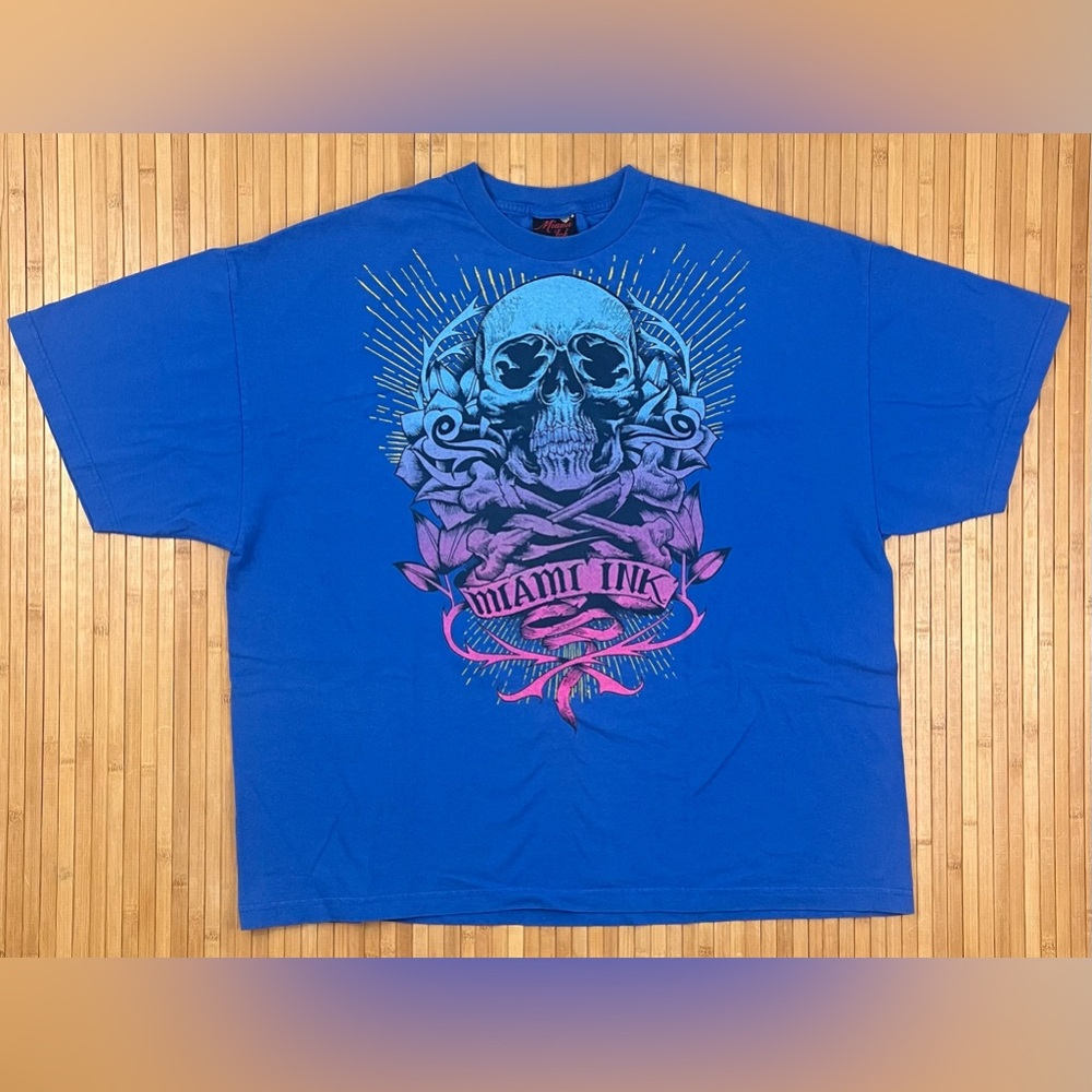 Y2K 2008 Miami Ink Skull and Rose Short Sleeve Shirt
